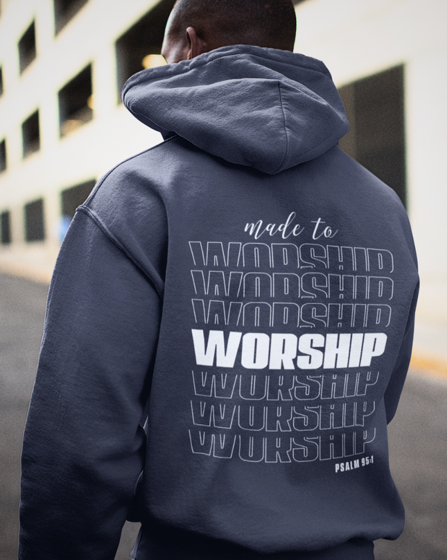 Sudadera clásica con capucha "Hecho para adorar" (estampado en la espalda)